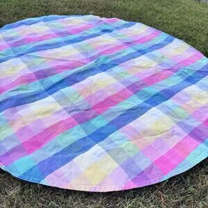 Vintage Tablecloth 56” Round Bright Multi Color Plaid 100% Cotton Pink Green Blu